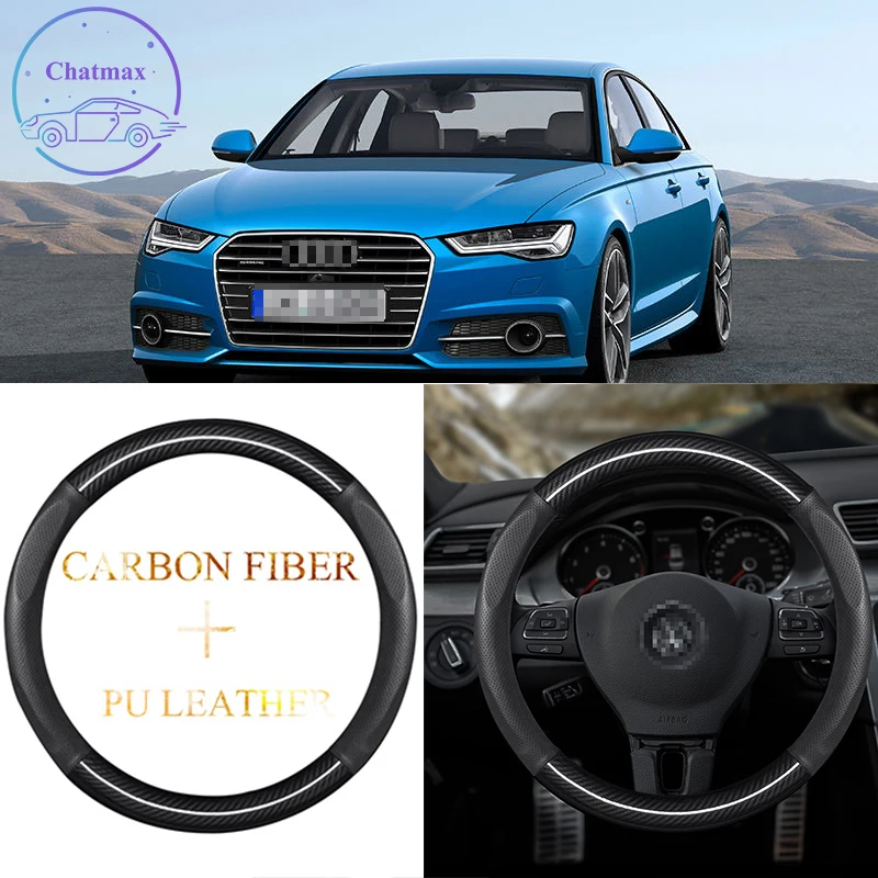 

Carbon Fiber&PU Leather Steering Wheel Cover Universal For Audi A4 A5 A6 Q2 Q3 Q5 Q7 S4 S5 RS TT 37-38cm Sport Car Styling