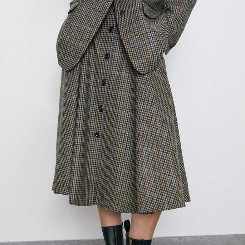 

Winter Woolen Skirts Women High Waist Female Belted Saia Vintage Plaid Midi Jupe Long Office Skirt Button Moda Mujer Elegant