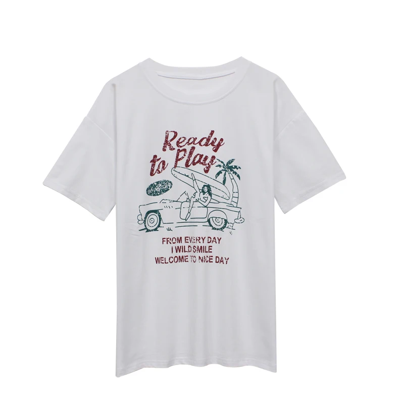 

New summer women Fun pattern letter printing O-neck casual loose short-sleeve cotton T-shirt tops