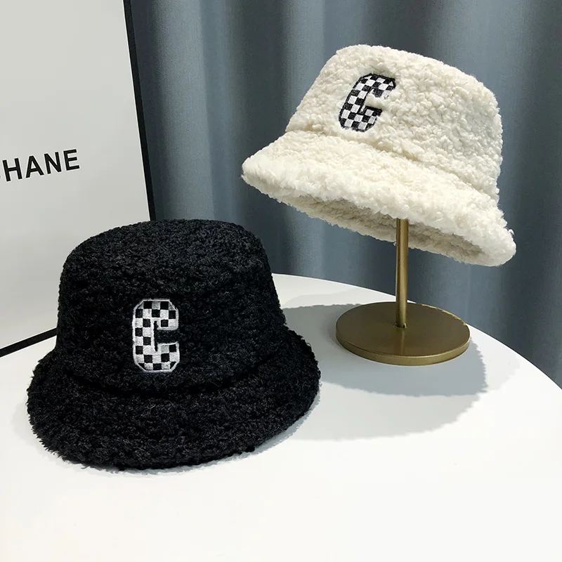 

Lamb Fur Hat Fisherman Hat Female Autumn Winter Checkerboard Letter C Korean Fashion Wild Warm Plush Basin Hat Outdoor Travel