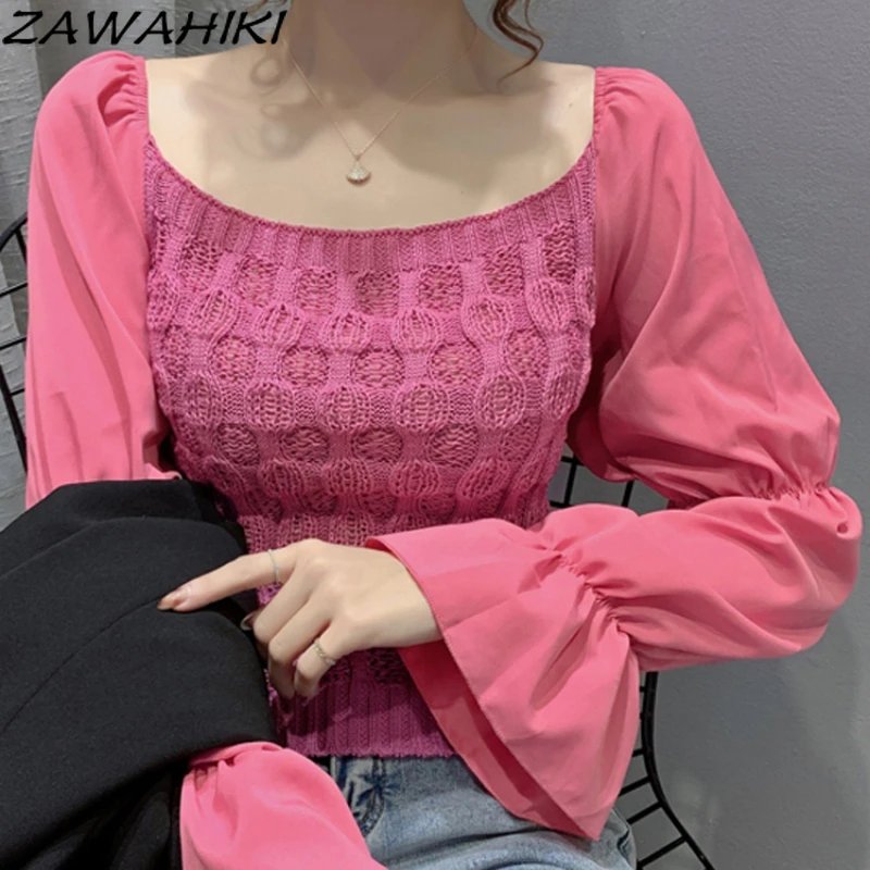 

ZAWAHIKI Spliced Knit Sweaters New Style Chic Slim Short Puff Long Sleeve Tops Autumn O Neck Solid Casual Sweater Pullovers