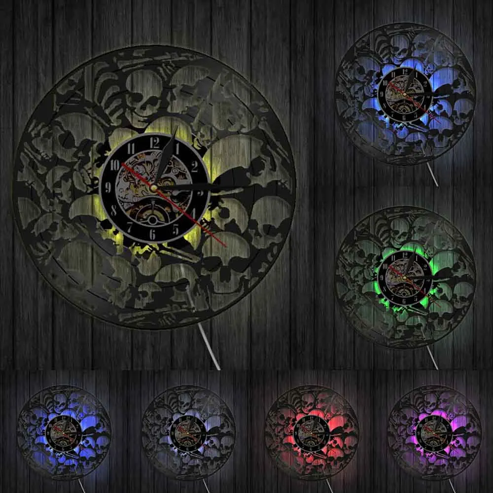Настенные часы Мертвые скелетные головы виниловые для записи в винтажном стиле