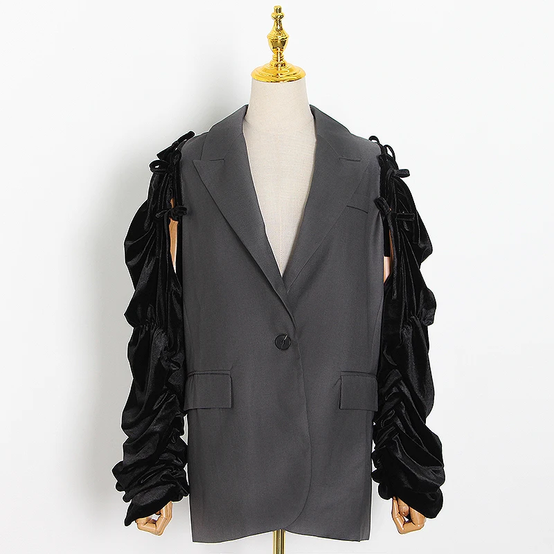 

SISPELL Patchwork Puff Sleeve Women's Blazer Coat Lace Up Bowknot Lapel Collar Loose For Female Balzers 2020 Streetwear New