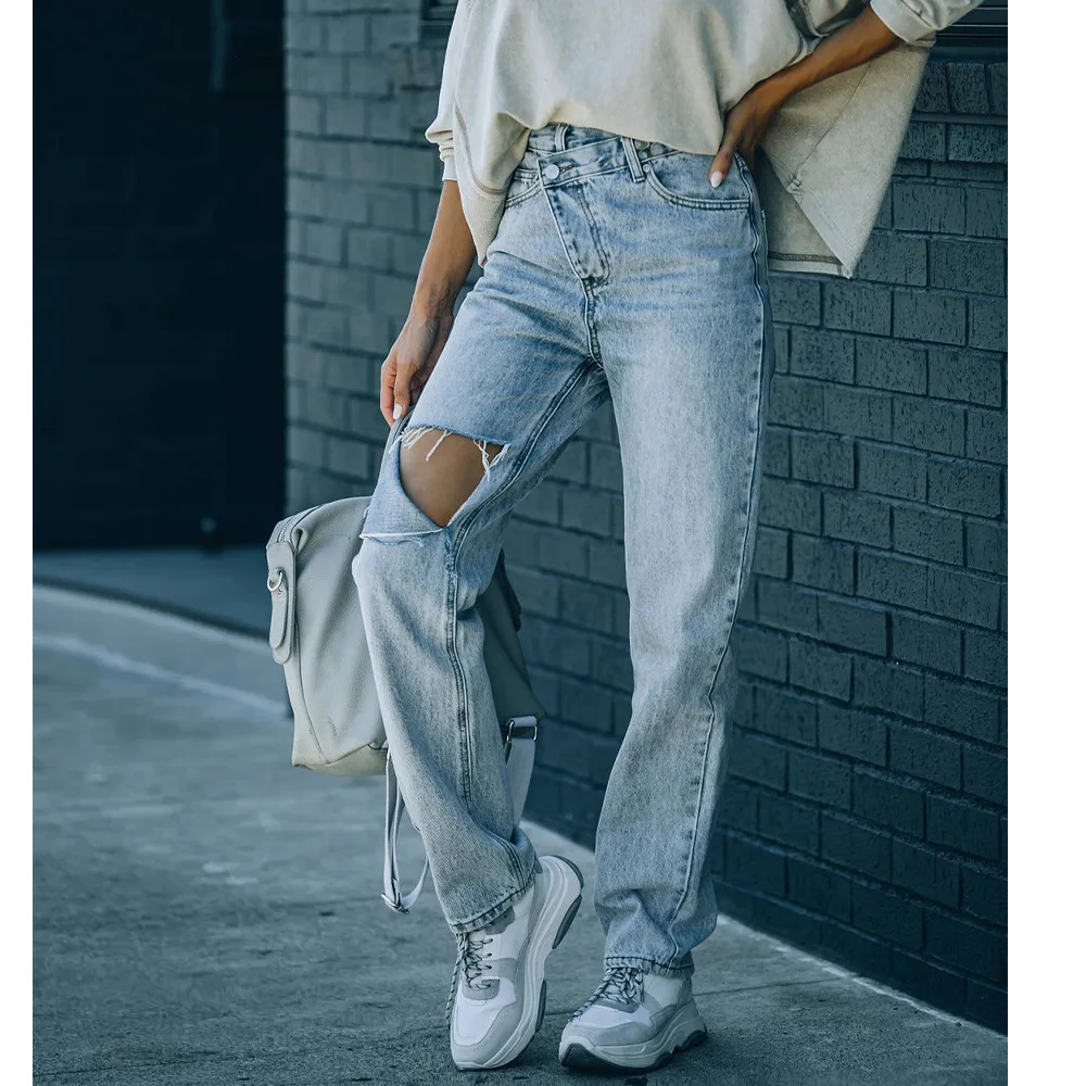 

Women Fashion Trouser All Match Casual Jeans Irregular Torn Edges Holes Pants