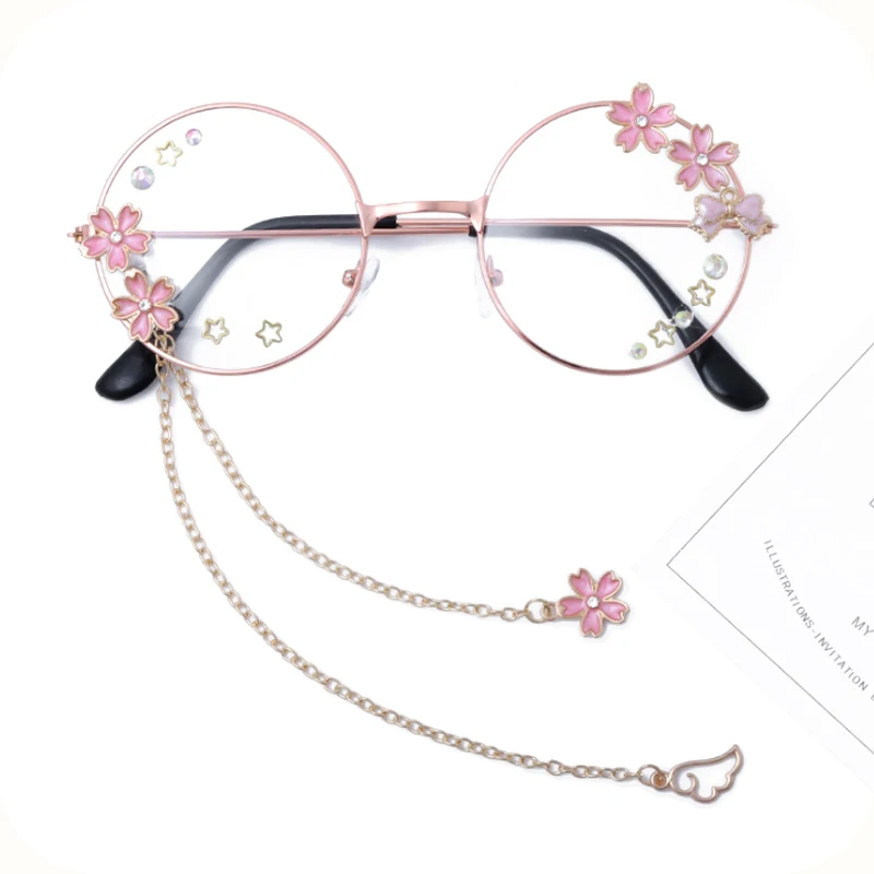 Lolita Cute Sweet Cherry Blossom Pendant Glasses Japanese Soft Girl Bow Round Frame Glasses Frame  anime Cosplay exhibition