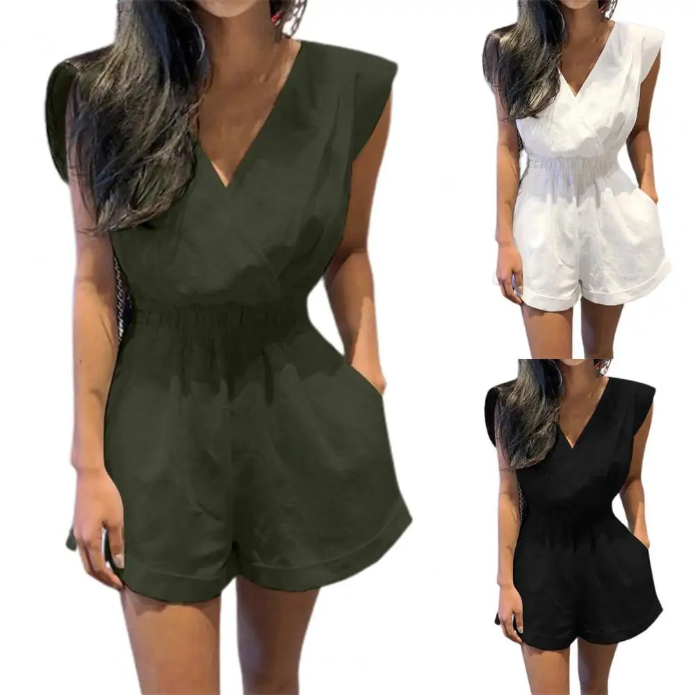 

Женский короткий комбинезон без рукавов, однотонный комбинезон с открытой спиной и V-образным вырезом, свободная туника большого размера 3XL,...