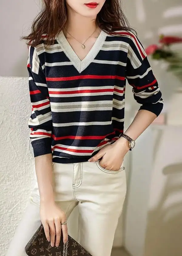 

Knitted Shirt Women's V-Neck Striped 2021 New Long Sleeve Loose Sweater in Spring and Autumn