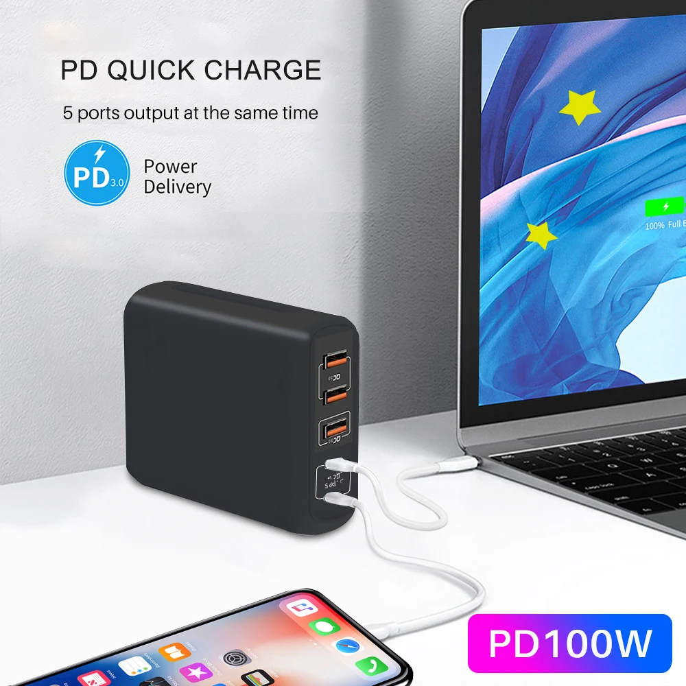 Smart Charger PD 100W quick charge GaN Type c QC 4.0 3.0 fast charging hub for pad mobile phone Xiaomi iphone pro.11 8 7 Macbook
