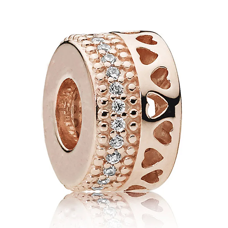 Rose Gold Оригинальные ажурные бусины в виде сердечек из розового золота с логотипом, подходят для 925 пробы, серебряных браслетов Pandora, браслетов Diy ювелирных изделий - Окраска металла: Rose Gold