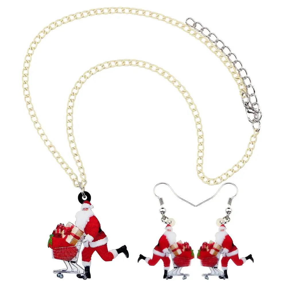 Bonsny Acrylic Christmas Shopping Cart Santa Claus Gift Box Jewelry Set Necklace Earrings For Women Girls Charms Festival Gifts | Украшения