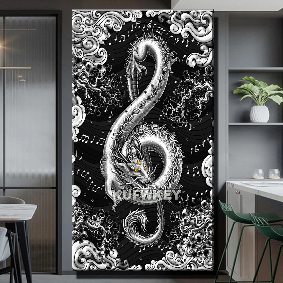 สีดำสีขาว Dragon Musical Note Diy 5d ภาพวาดเพชร Cross Stitch,เย็บปักถักร้อยเพชรสัตว์ตำนาน3d ภาพขนาดใหญ่