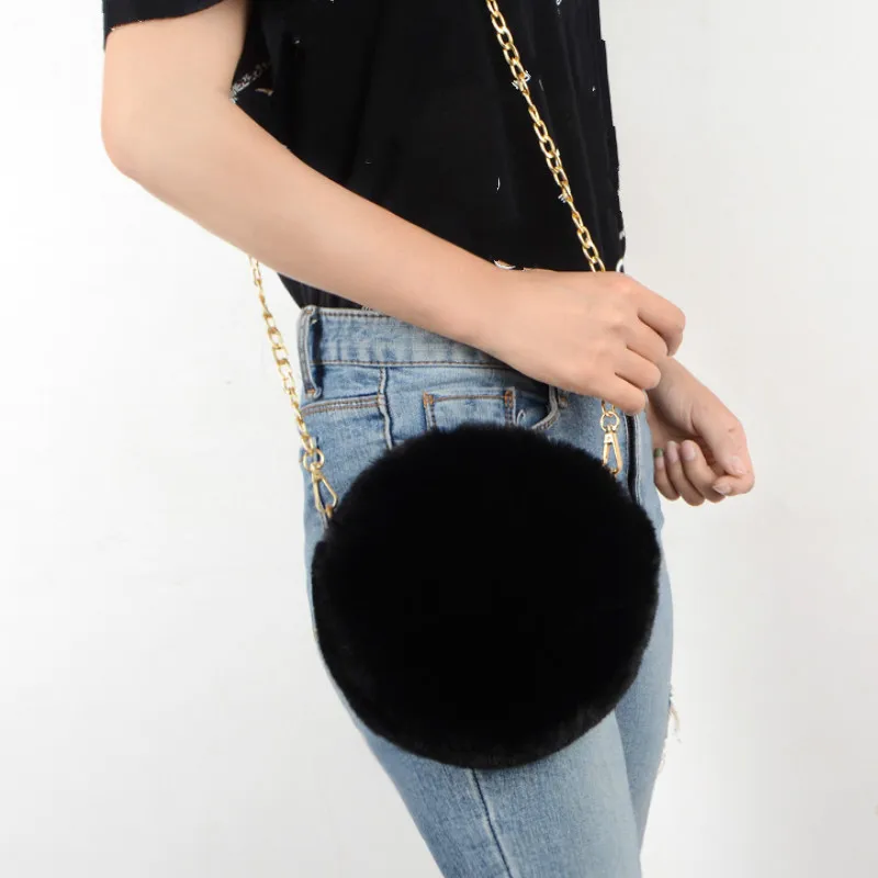 2021 Fashion Women's Round Shaped Handbags Cute Kawaii Faux Fur Crossbody Bags Wallet Purse Chain Shoulder Bag Lady Girl Handbag