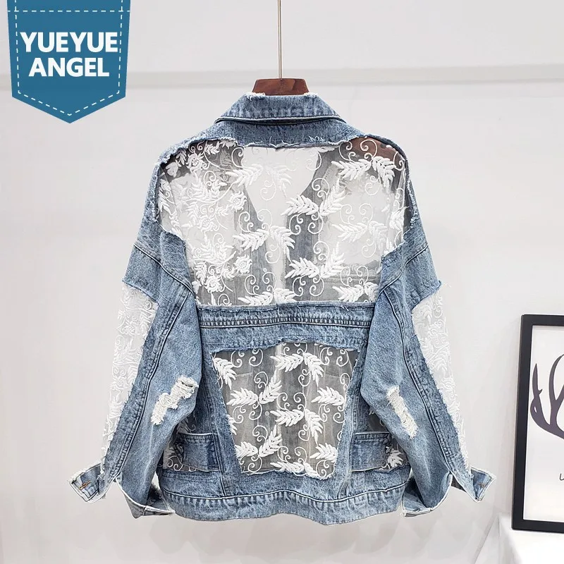 

Embroidery Lace Perspective Hole Ripped Denim Jacket Women Patchwork Long Sleeve Thin Section Summer Fashion Casual Short Coat