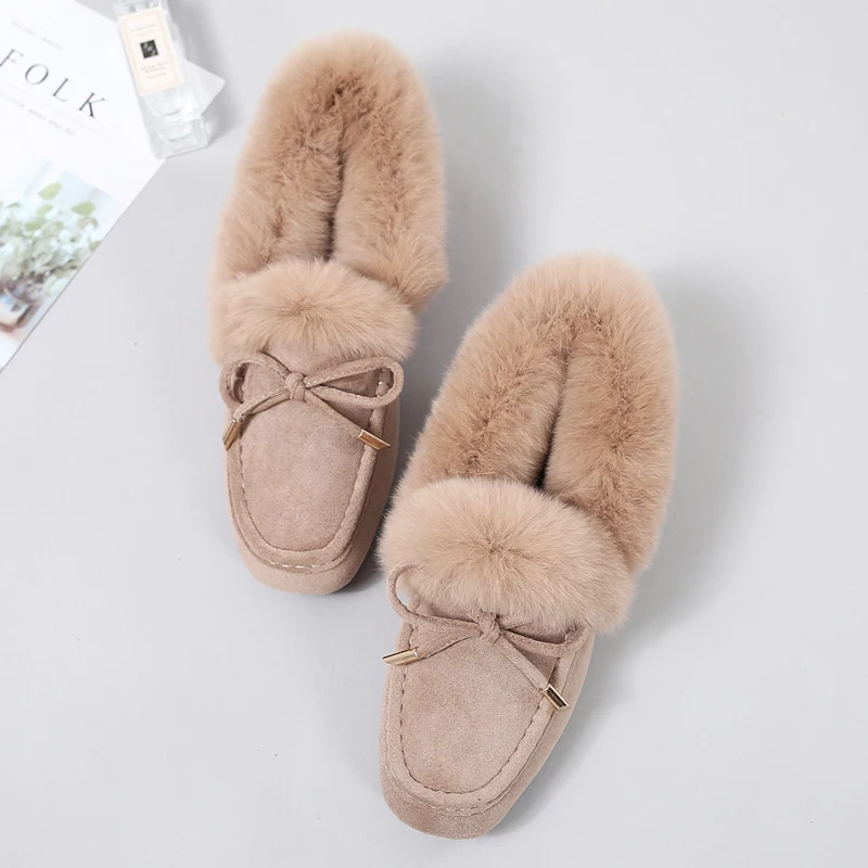 beige 1 Обувь; женские мокасины на плоской подошве; коллекция года; Сезон Зима; замшевые пушистые теплые однотонные Лоферы без застежки с квадратным носком; женские мягкие балетки - Цвет: beige 1