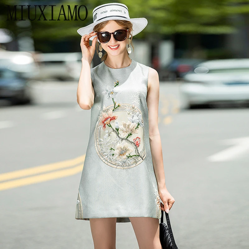 

MIUXIMAO Luxurious 2020 Spring & Summer dress Party dress Flower Diamonds Above Knee Tank Office Lady Dress Women Vestidos