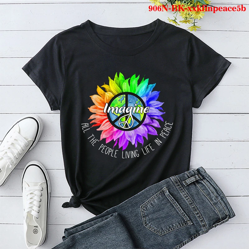 

Футболка женская с цветочным принтом, модный топ с надписью «Living Life In Peace», одежда в стиле Харадзюку