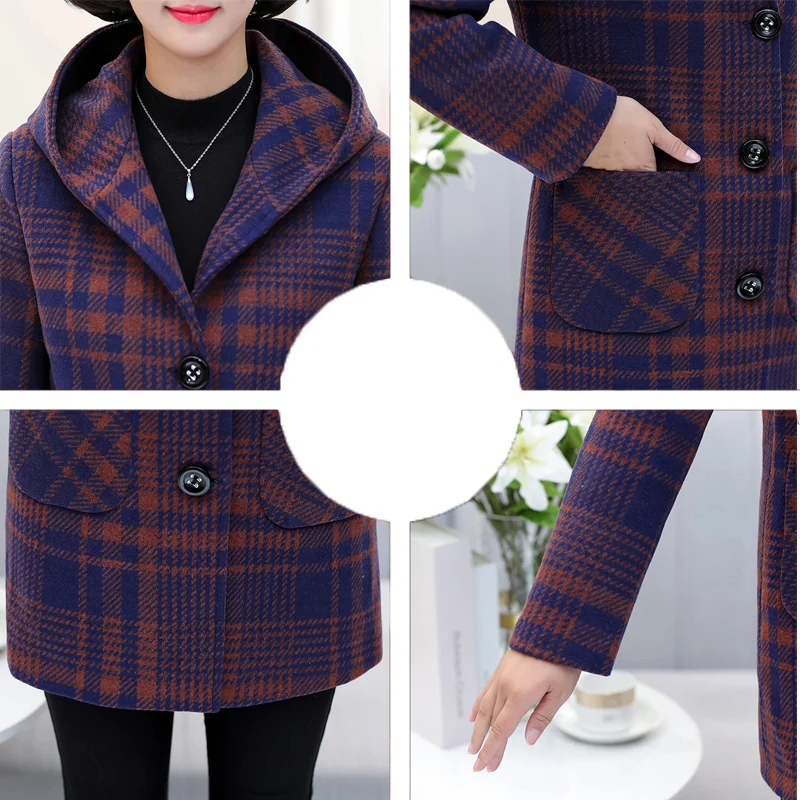 

Middle-aged Women Coat New Fashion Hooded Outerwear Plaid Woolen Coat Autumn Winter Jacket Mother Clothes Plus Size Female Tops