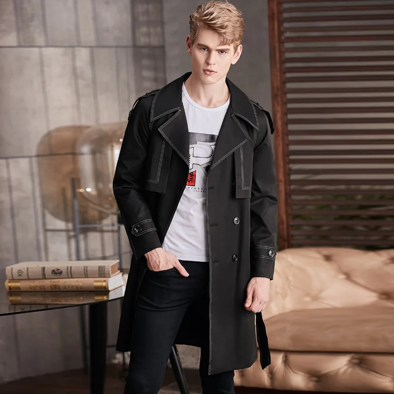 

Wine red men's windbreaker long 2020 spring and autumn new color contrast fashion coat 11921
