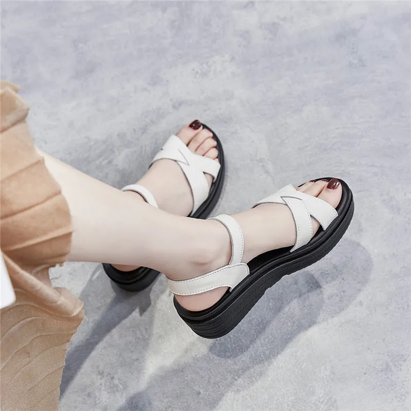 

Autuspin Genuine Leather Women Concise Sandals Summer Platform High Heels Office Lady Working Casual Buckle Shoes Black White