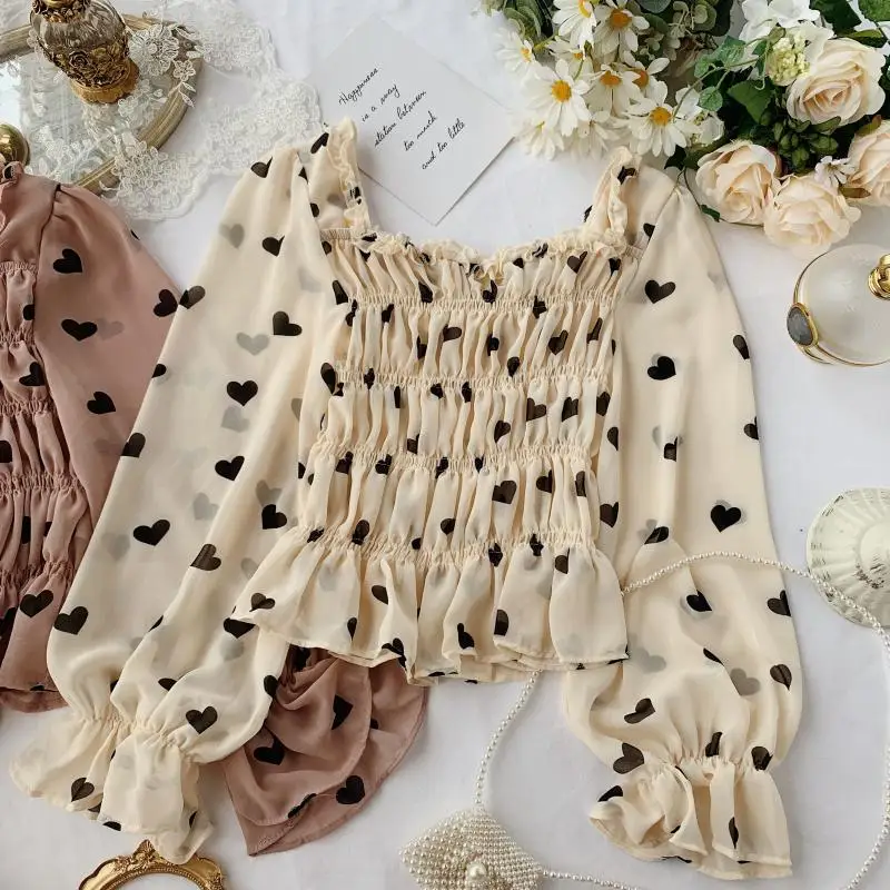 2019 Новая модная женская пышная рукава тонкая любовь шифоновая рубашка Топ| |