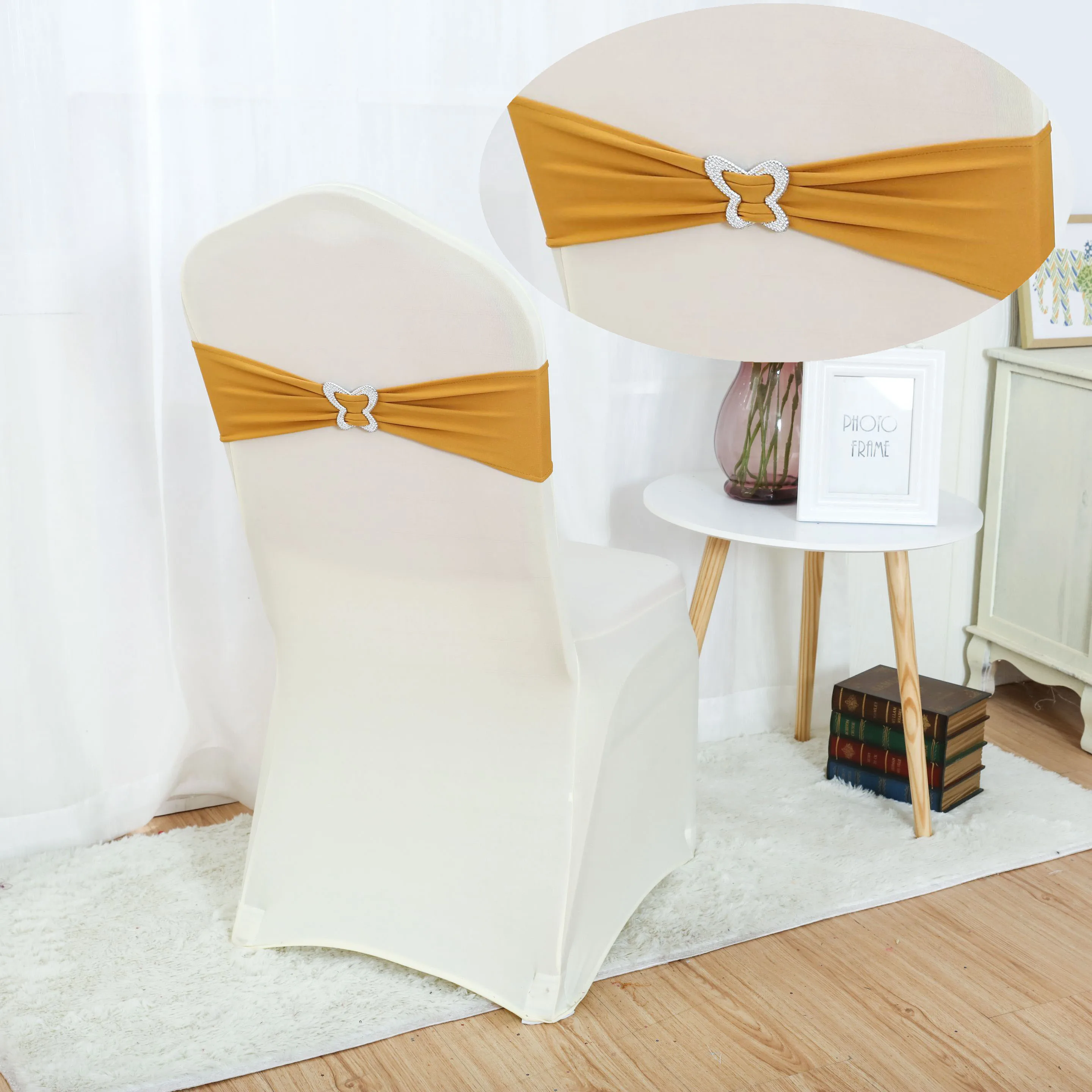 

New Design Lycra Chair Band With Butterfly Buckle Spandex Chair Sashes For Banquet Wedding Chair Cover Banquet Event Decoration