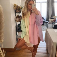 woman casual loose pink patchwork long shirt 2021 spring chic female streetwear long sleeve shirts girls sweet oversized tops