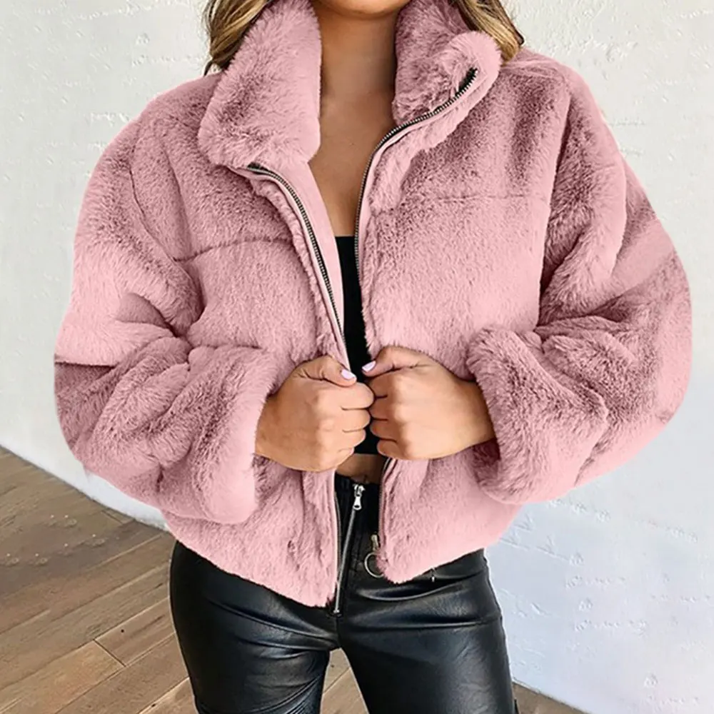 Jocoo Jolee Elegant Plush Crop Jacket Women Casual Faux Fur Coat Winter Tuerleneck Zipper Thicken Warm Outwear Vintage Cardigan
