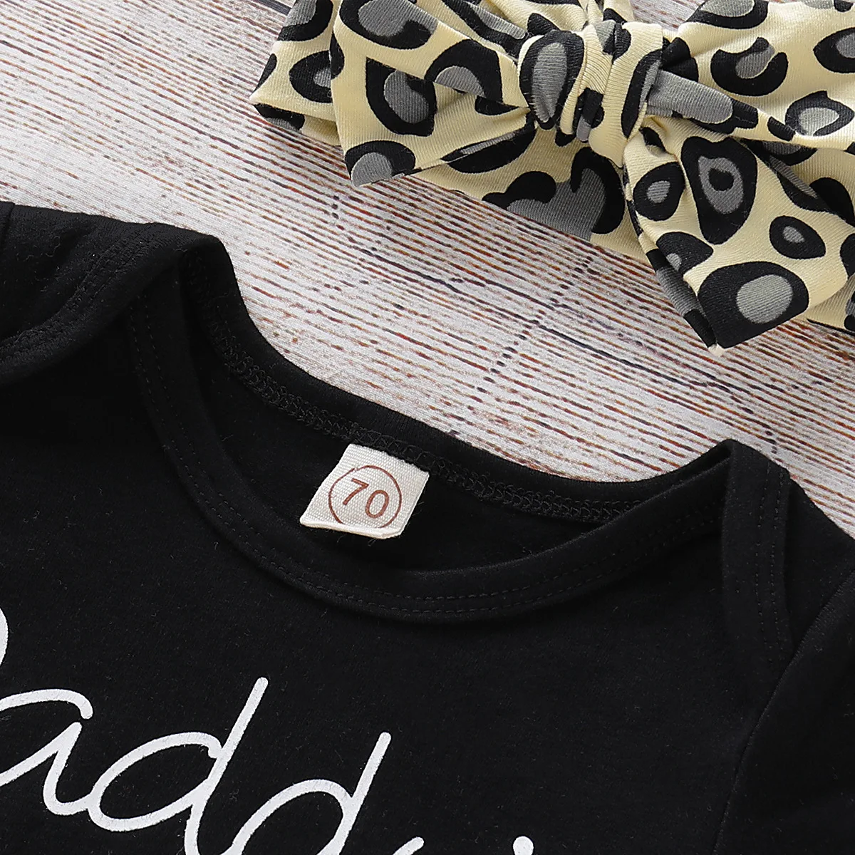 

New Born Baby Girls Letter Print Romper Leopard Pants Headband 3 Piece Set Baby Clothes Set
