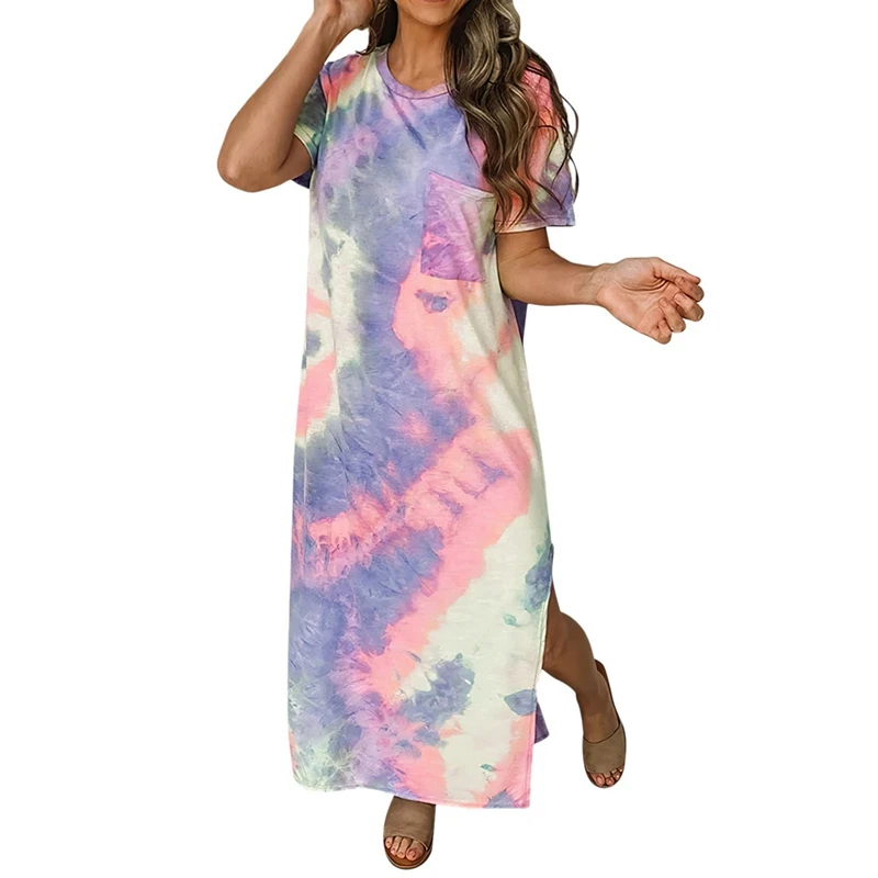 

2 Pcs Pocket Straight Long Dress Side Split Casual Maxi Dress Boho Tie Dye Loose Short Sleeve Robe XXL Size Gray & Blue