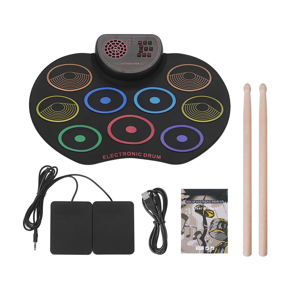 

Digital Electronic Drum Set USB Roll Up Drum Pad Kit Percussion Drum 9 Drumpads Built-in Speaker with Sticks and Foot Pedals