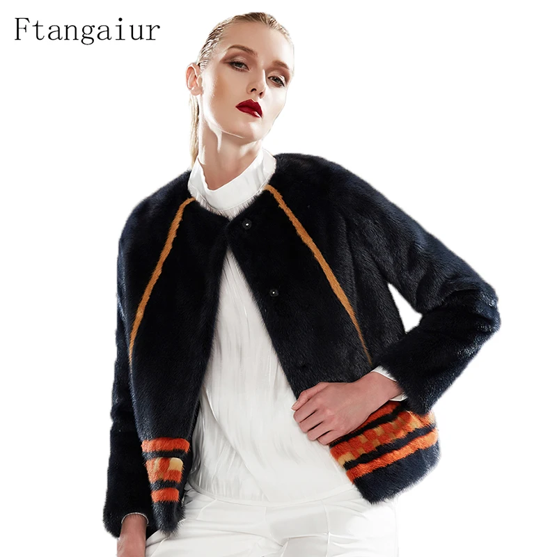 

Ftangaiur Winter Women Jacket Velvet Mink Fur Coat O-Neck Striped Genuine Leather Coats For Women's Short Real Mink Fur Coats