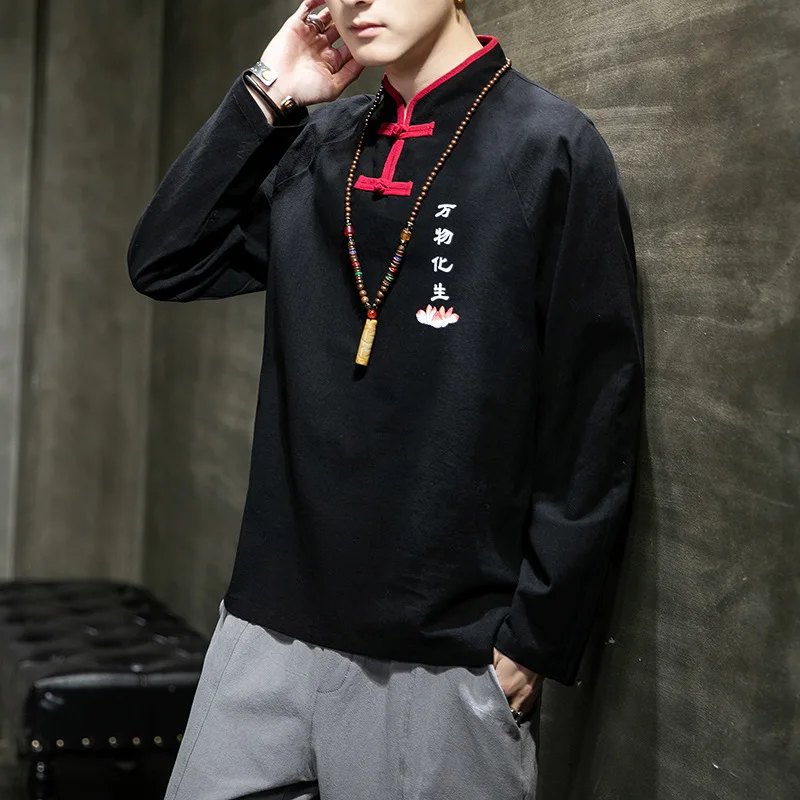 Хлопок лен плюс размер пуловер футболки вышитый кунг-фу тай-чи костюм мастера