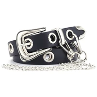 new punk black leather belt for women big hole hollow grommet pin buckle harness belt chain waist belts female hip hop waistband