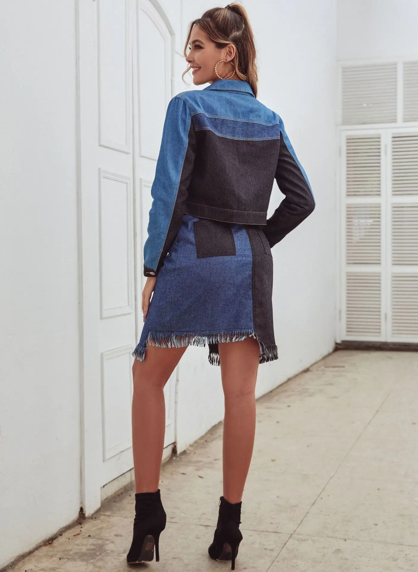 

FNOCE 2020 winter new women's jeans jackets fashion street young casual patchwork long sleeve slim elegant denim coat and jacket