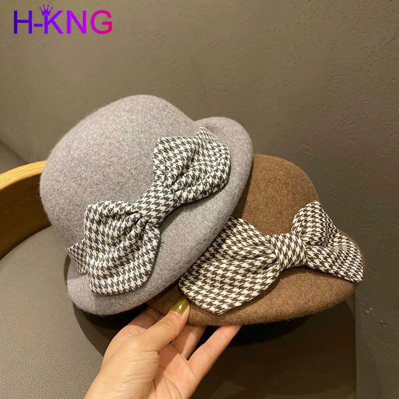 

Шапка женская осенне-зимняя, корейский стиль, элегантная, шерстяная, с бантом, теплая