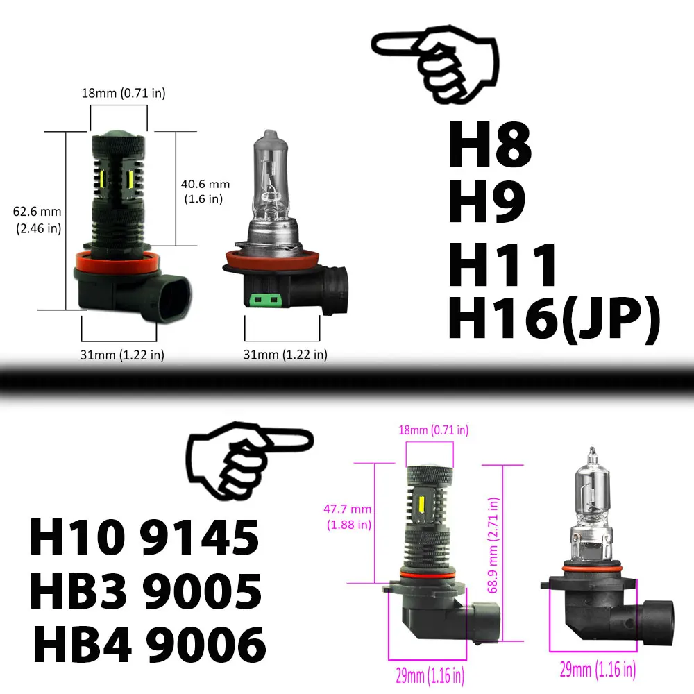 VANSSI 2 шт. H8 H16 H11 светодиодный противотуманный свет лампы H10 9145 9140 HB4 9006 6000K 2400LM с 4 Светодиоды с чипом CSP 12V холодный белый Замена лампы