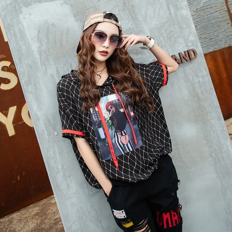 Harajuka женский Принт с капюшоном шифоновая футболка клетчатый лоскутный пуловер