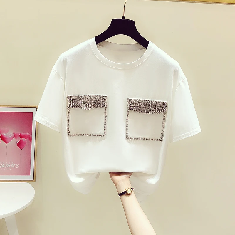 

Casual Loose Tshirt 2021 Summer New All-Matching Tops Rhinestone Patch Pocket Short Sleeve T-shirt Women's Fashion Tshirts Tee