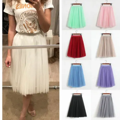 

Women Ladies Cute Solid Tulle Skirts Elastic Waist Empire A-Line Mid-Calf Skirts