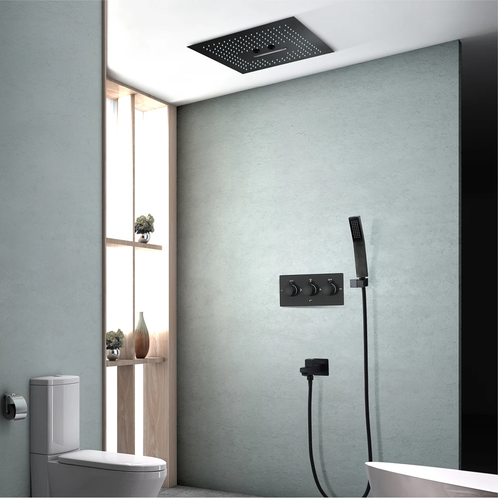 Набор для душа с водопадом SUS304 Misty Showerhead Ванная комната пульт дистанционного управления Светодиодный Потолочный Душ с дождевой насадкой черный