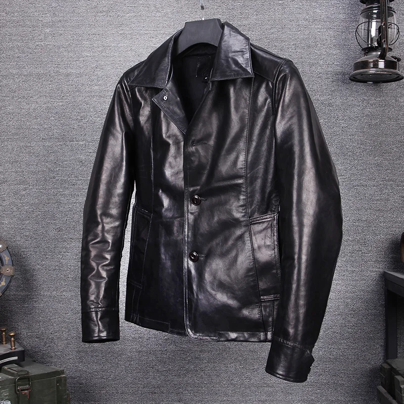 

men's smart 2021 casual genuine leather jacket men slim fit single breasted vintage leather coat men black Water dyed sheepskin