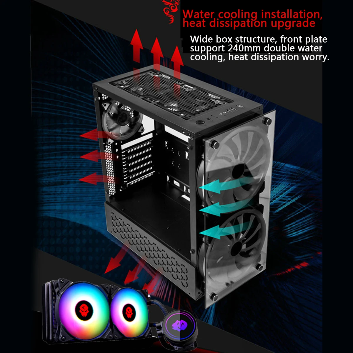 RGB компьютерный корпус двухсторонний закаленное стекло панели ATX игровой корпус с водяным охлаждением ПК с 2 сменными цветами вентилятора