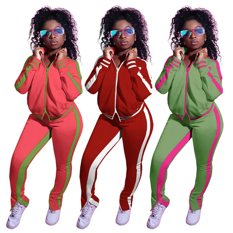 

New Sweat Suit 2 Piece Outfit Women Patchwork Sweatpants Leggings Slit Hem Tracksuit Jogger Birthday Set Wholesale Dropshpping