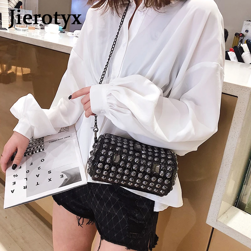 JIEROTYX Punk Style Women Bag with Rivet Messenger Bags Chain Shoulder Barrel-Shaped Female Cross Body Purse | Багаж и сумки