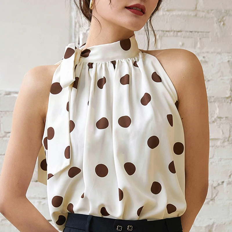 

Женская блузка с лямкой на шее, летняя темпераментная блузка с волнистым верхом, маленькая шифоновая рубашка в стиле ретро, Свободный Топ бе...