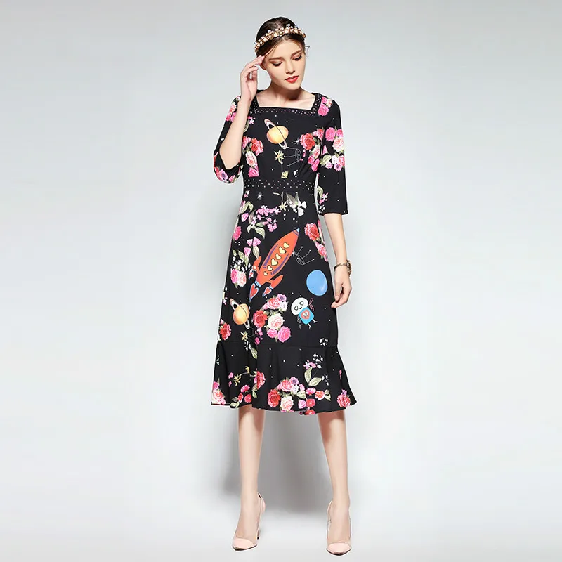 Женское платье с длинным рукавом длинное квадратным вырезом юбкой годе принтом в