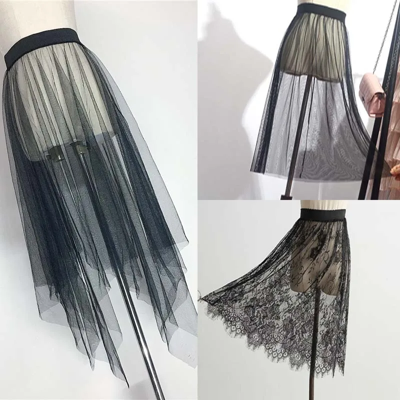 

Summer Women Mesh Lace Skirts Women Casual Tulle Skirt High Waist Elastic Transparent Asymmetry black Skirt Overskirt