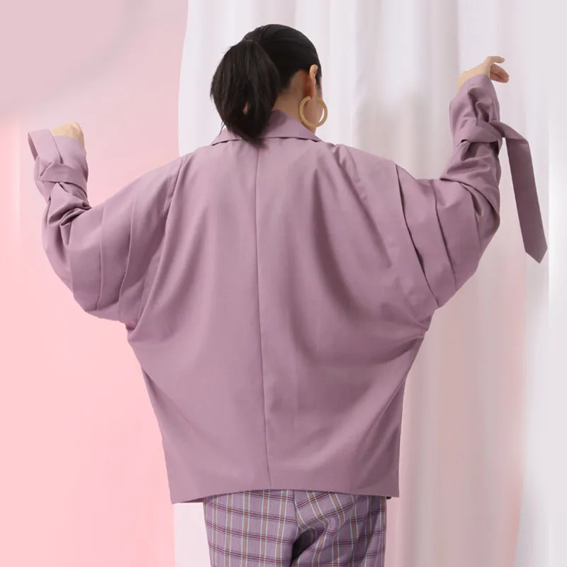 

[EAM] Women Purple Bandage Big Size Blazer New Lapel Long Sleeve Loose Fit Jacket Fashion Tide Spring Autumn 2021 JI586