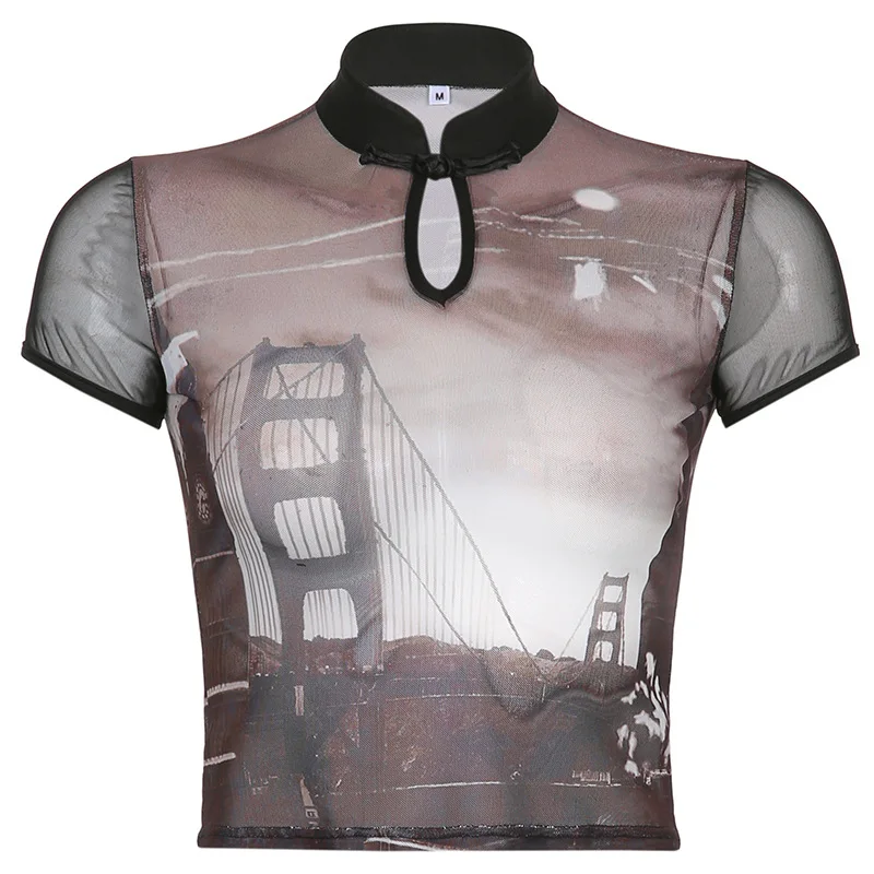 

Fashion Chinese wind landscape print hit color mesh screen perspective short-sleeved T-shirt top women 2021 new model