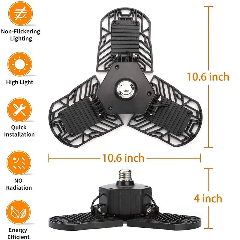 Светодиодная гаражная лампа 80 Вт деформируемая потолочная 6000 лм E26 подвальная с 3